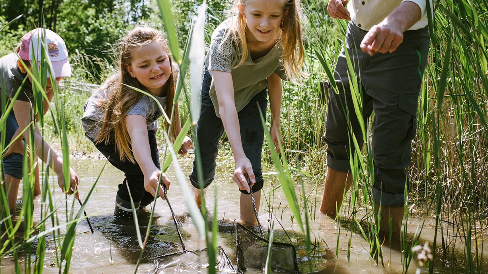 Kinder keschern im Wasser